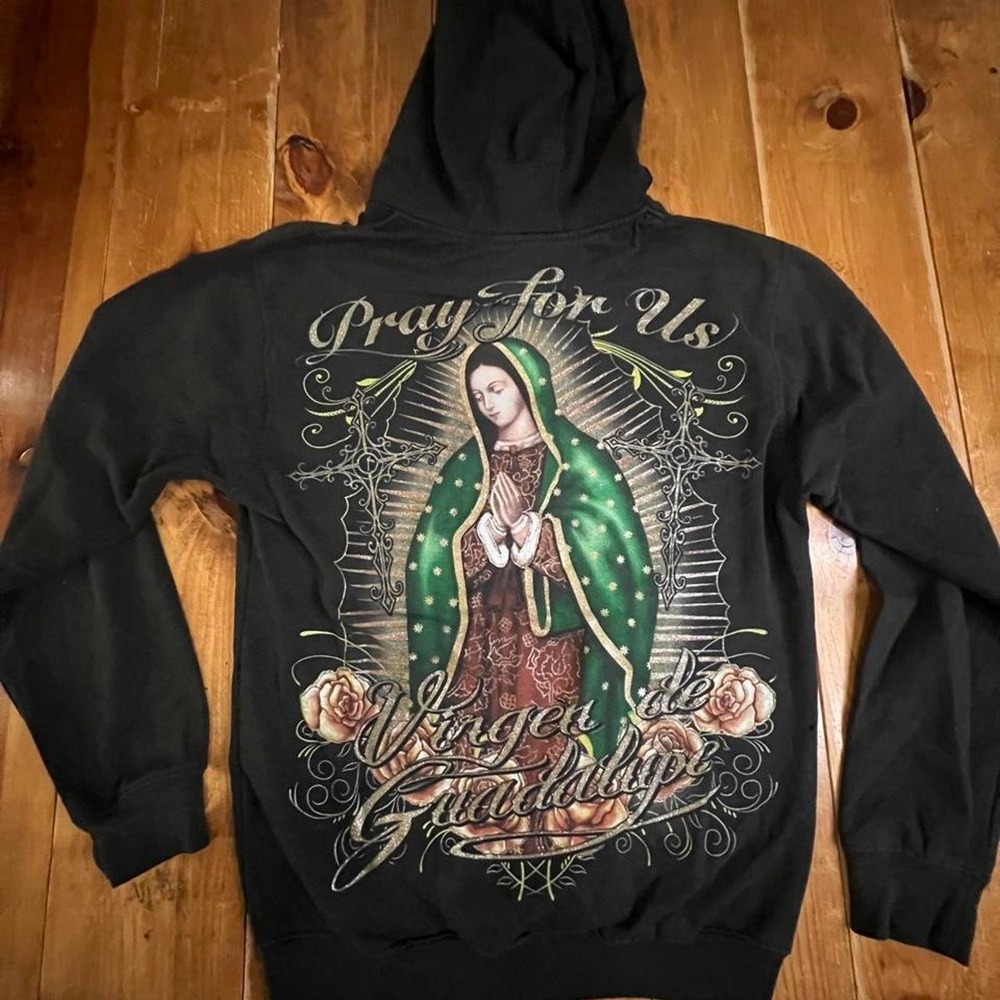 Virgin de Guadalupe Pray For Us Graphic Hoodie Black Faded Religious Sweatshirt